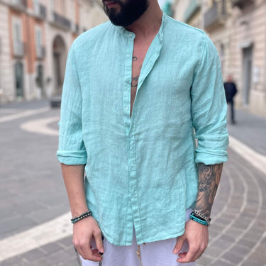 Camicia di lino verde acqua collo coreano - FLAG STORE